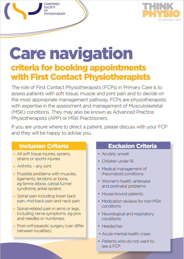 inclusion/exclusion criteria for PCN Physio's